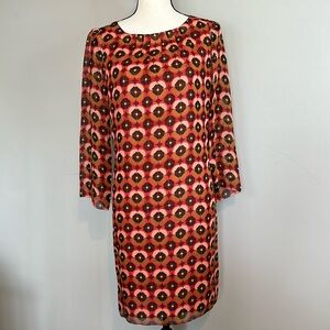 Fossil 100% Silk Quarter Sleeve Mod 70s Style Midi Floral Design Dress Medium
